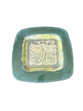 Handmade Square Pottery Plate with Dragonfly Embossed Design Signed “Annie”